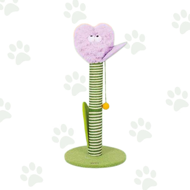 Simpatico tiragraffi verde e viola a forma di fiore.