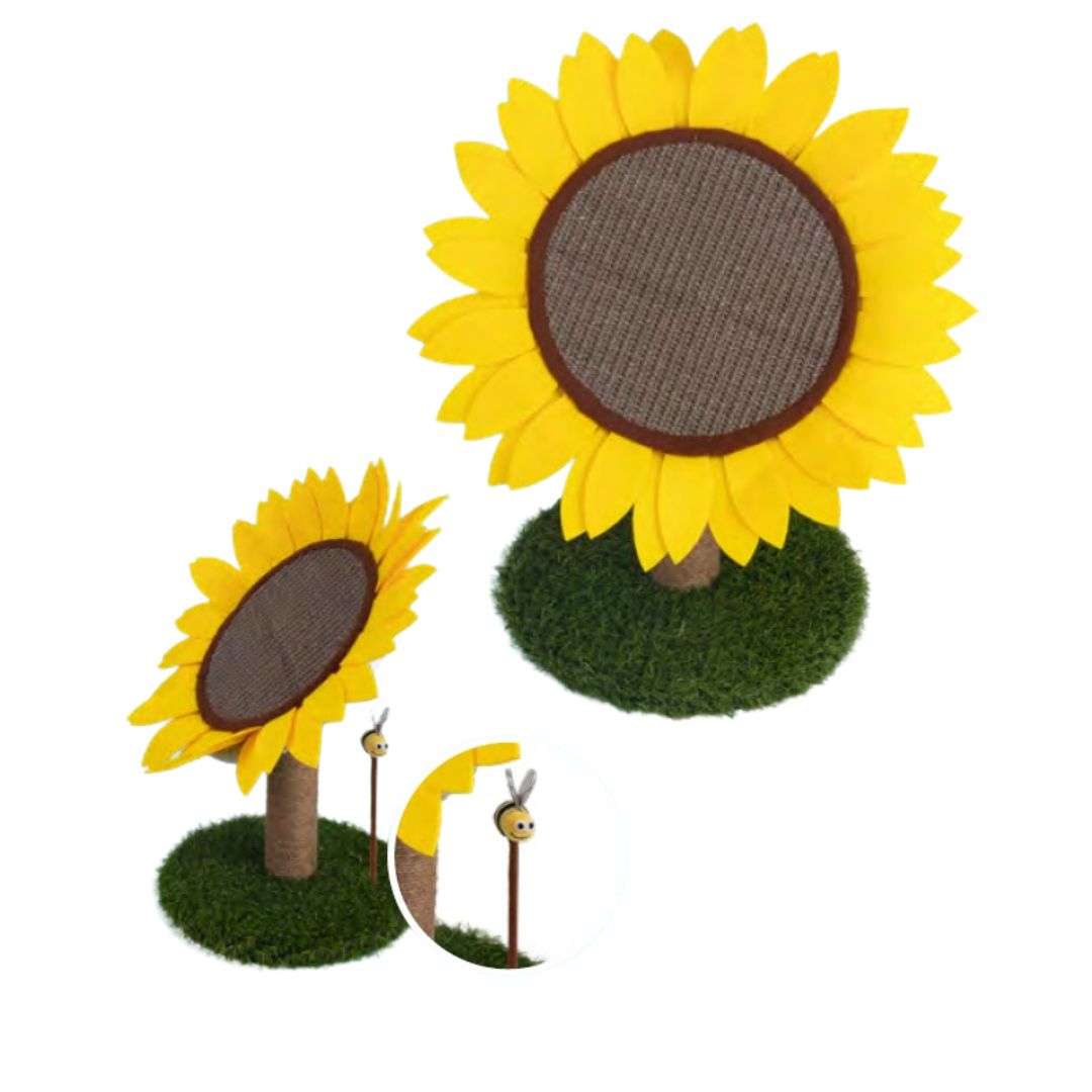 Tiragraffi per gatti a forma di girasole con base in erba sintetica e graffiatoio in cartone