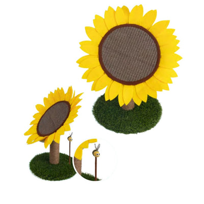 Tiragraffi per gatti a forma di girasole con base in erba sintetica e graffiatoio in cartone