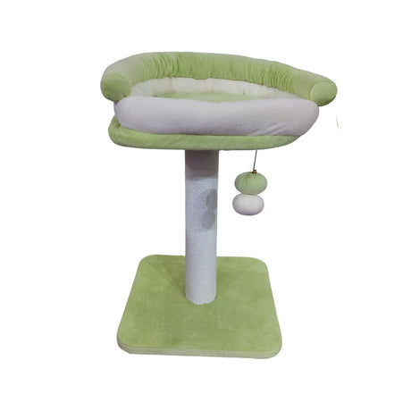 Tiragraffi per gatti in tessuto verde menta e bianco, con cuccia superiore rotonda e giochi pendenti.