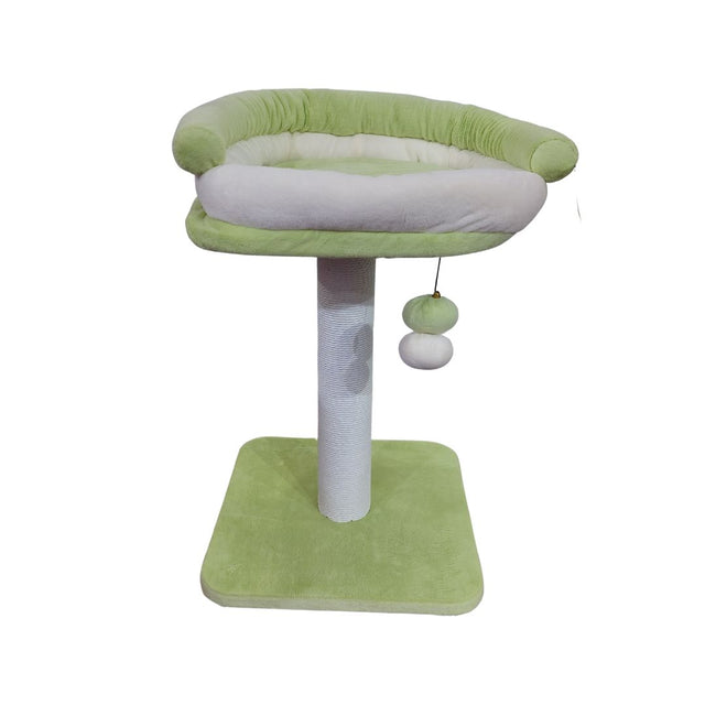 Tiragraffi per gatti in tessuto verde menta e bianco, con cuccia superiore rotonda e giochi pendenti.