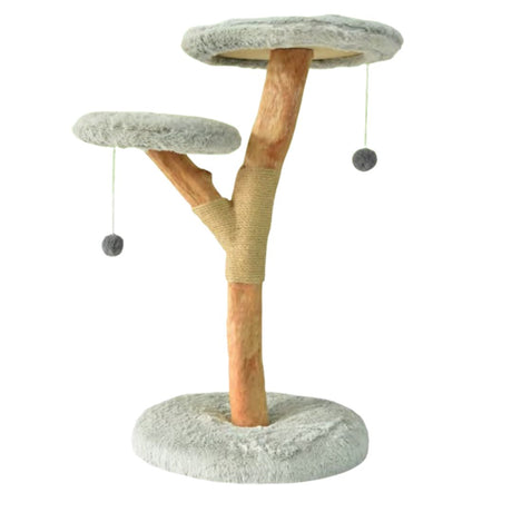 Tiragraffi per gatti con struttura ad albero e basi in peluche grigio, palline sospese e corda sisal