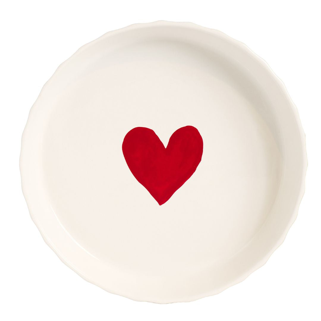 Tortiera in grès bianca con cuore rosso al centro.