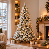 Albero di Natale innevato con pigne Tucson ambientato in una scena natalizia