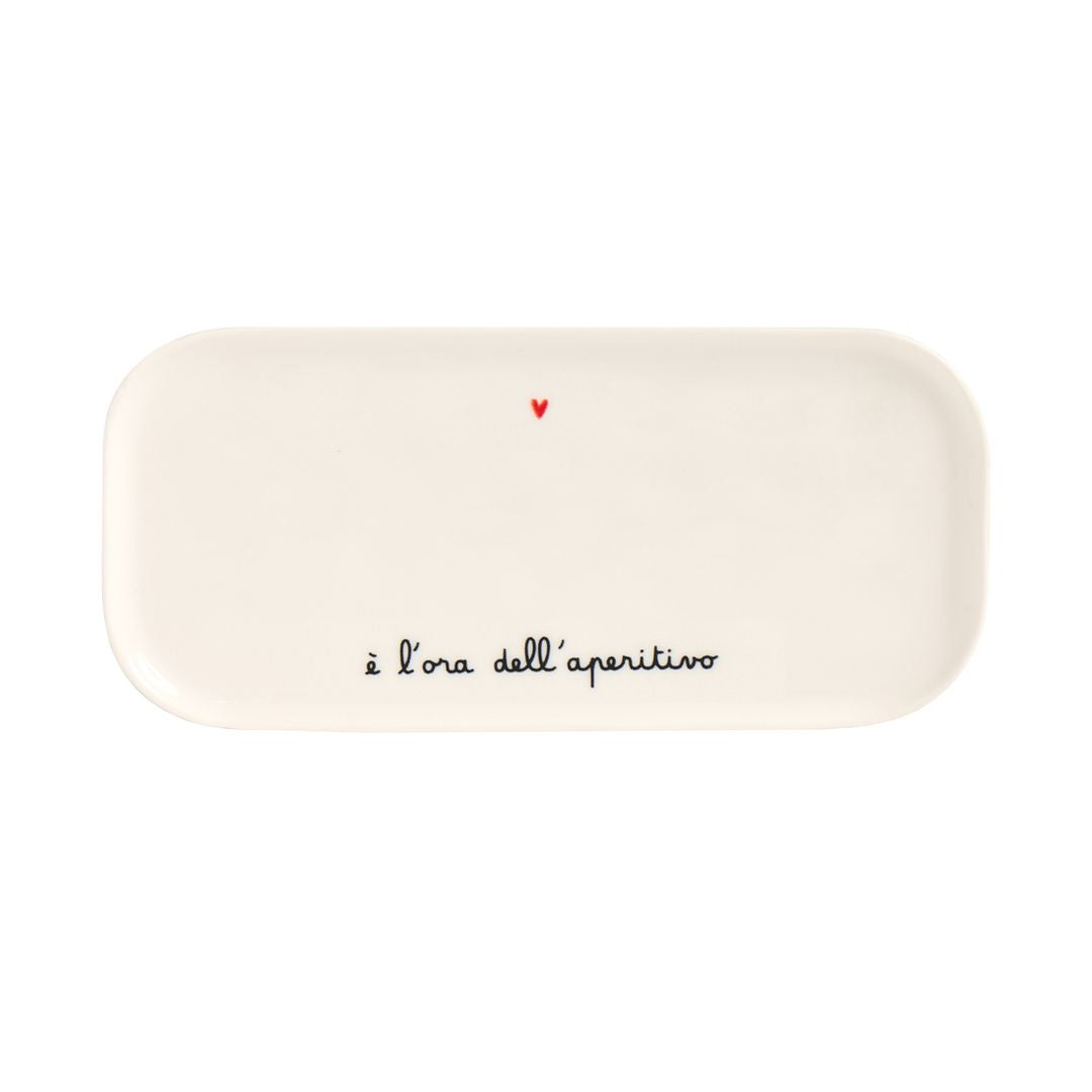 Vassoio  rettangolare in gres con scritta nera "è l'ora dell'aperitivo" e cuoricino rosso.