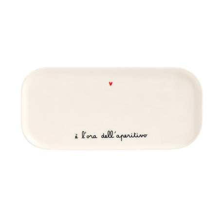 Vassoio  rettangolare in gres con scritta nera "è l'ora dell'aperitivo" e cuoricino rosso.