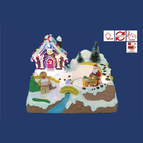 Villaggio natalizio in stile gingerbread con casetta decorata, Babbo Natale con doni e omino di pan di zenzero, illuminato da luci LED colorate su sfondo blu.