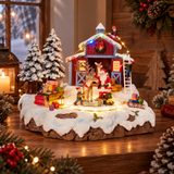 Villaggio natalizio illuminato ambientato in una casa decorata per Natale, con Babbo Natale e renna davanti alla stalla, elfi, regali, slitta, animali e alberi innevati