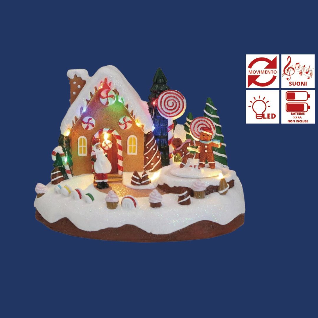 Casetta natalizia a tema gingerbread con luci colorate, decorazioni a caramella e personaggi a forma di biscotto nello scenario innevato su sfondo blu.