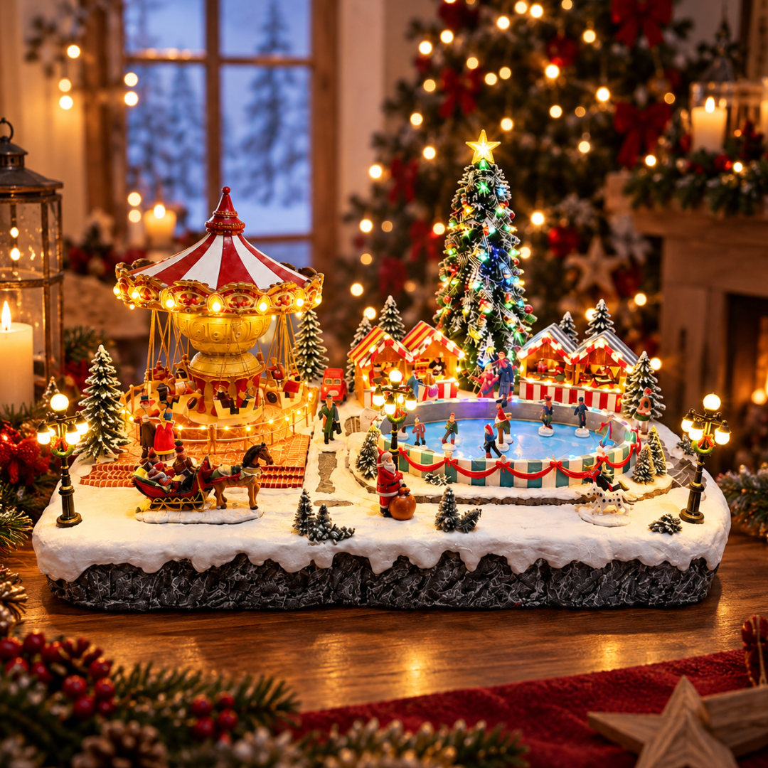 Villaggio natalizio ambientato in una casa decorata per Natale, con giostra illuminata, pista di pattinaggio, albero con luci multicolore, bancarelle e personaggi sulla neve