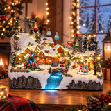 Villaggio natalizio illuminato ambientato in una casa decorata per Natale, con funivia, case innevate, albero di Natale, personaggi, Babbo Natale e cascata luminosa