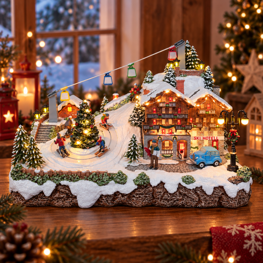 Villaggio natalizio innevato ambientato in una casa decorata per Natale, con Ski Hotel illuminato, funivia, sciatori, grande albero di Natale e paesaggio di montagna
