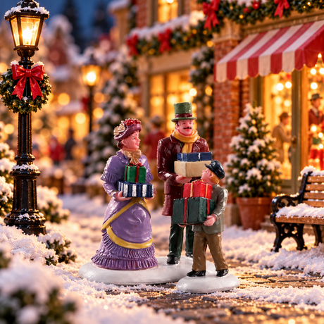 Personaggi Lemax con donna, uomo e bambino in abiti invernali mentre trasportano pacchi regalo natalizi ambientati in villaggio natalizio Lemax.
