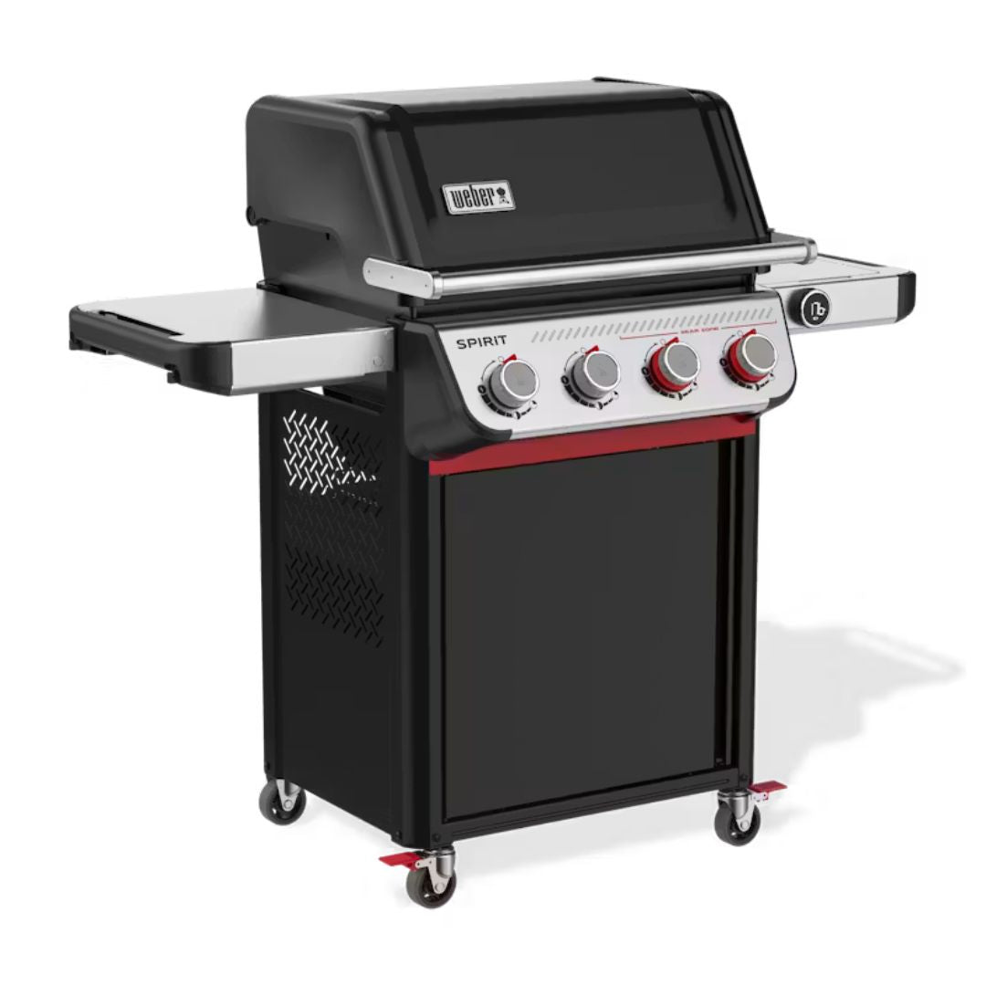 Barbecue a gas Weber Spirit EP-425 visto di tre quarti destro con ripiani laterali aperti.