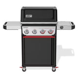 Barbecue a gas Weber Spirit EP-425 nero con quattro manopole frontali, ripiani laterali e mobiletto inferiore su ruote.