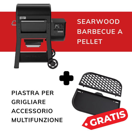 Kit promozionale Weber composto da barbecue a pellet Searwood e piastra multifunzione in omaggio.