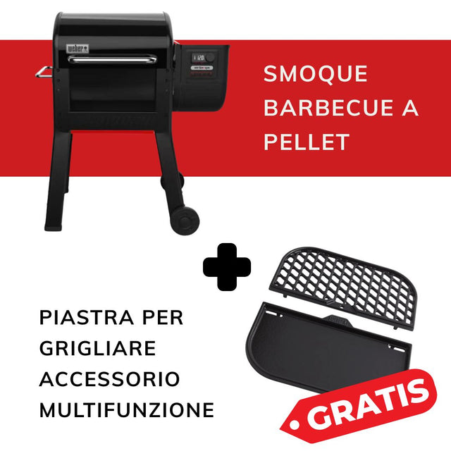 Kit promozionale Weber composto da barbecue a pellet Smoque e piastra multifunzione in omaggio.