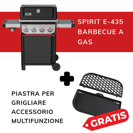Kit promozionale Weber composto da barbecue a gas Spirit E-435 e piastra multifunzione in omaggio.