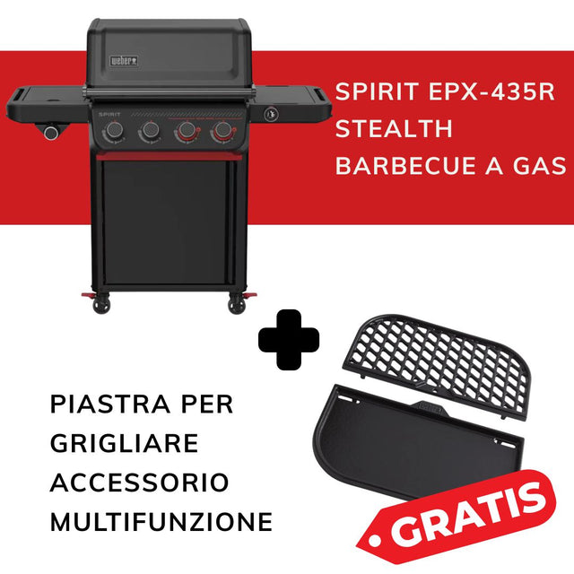 Kit promozionale Weber composto da barbecue a gas Spirit EPX-435R Stealth e piastra multifunzione in omaggio.