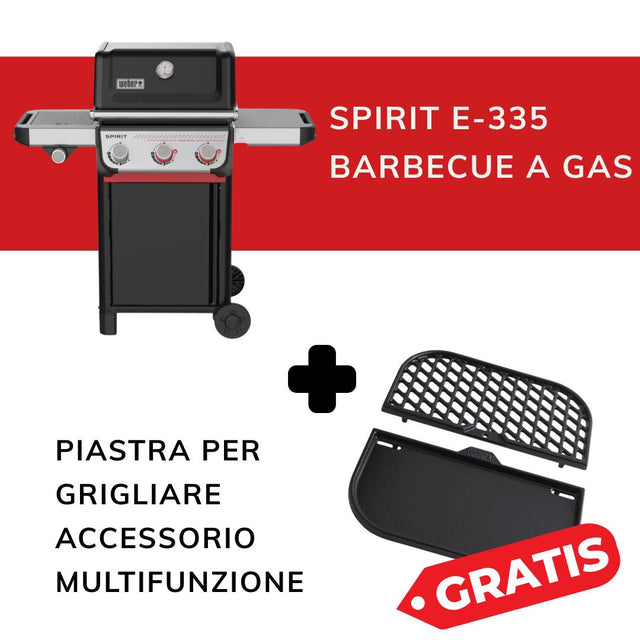 Kit promozionale Weber composto da barbecue a gas Spirit E-335 e piastra multifunzione in omaggio.