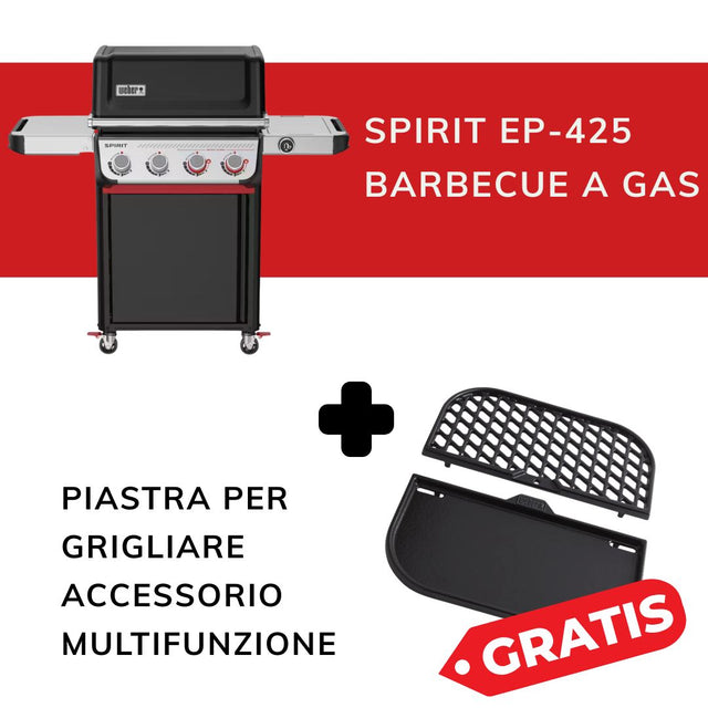 Kit promozionale Weber composto da barbecue gas Spirit EP-425 e piastra multifunzione in omaggio.