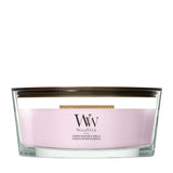 Candela WoodWick Cherry Blossom & Vanilla Ellipse in vaso di vetro con coperchio in legno.