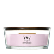 Candela WoodWick Cherry Blossom & Vanilla Ellipse in vaso di vetro con coperchio in legno.