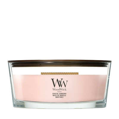 Candela WoodWick Coastal Sunberry Ellipse in vaso di vetro con coperchio in legno.
