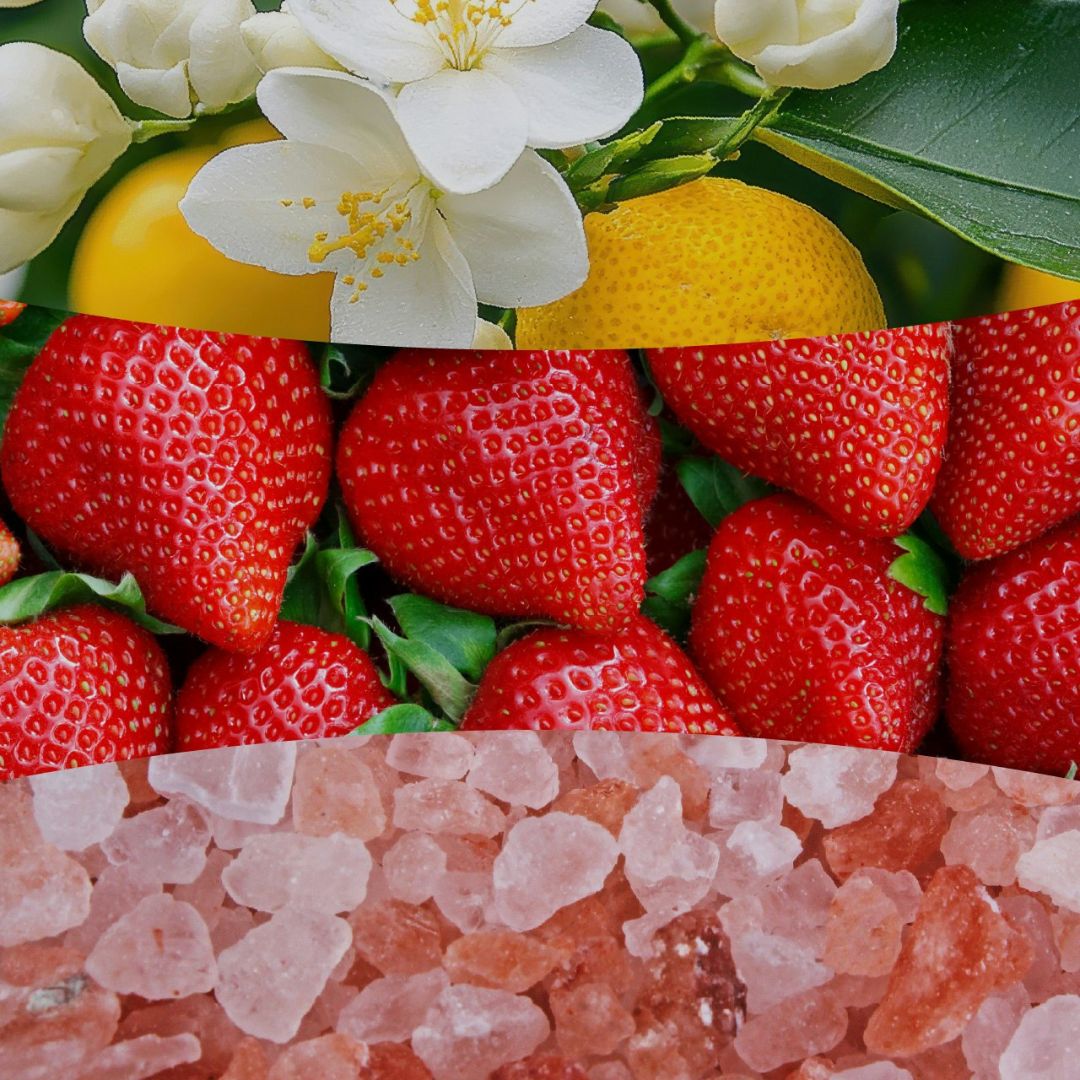 Collage con fiori bianchi di agrumi, fragole e cristalli di sale rosa che richiama la profumazione della candela.