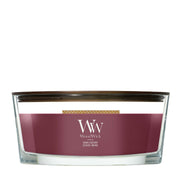Candela WoodWick Dark Cherry Ellipse in vaso di vetro con coperchio in legno.