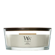 Candela WoodWick Fireside Ellipse in vaso di vetro con coperchio in legno.