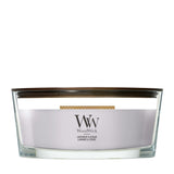 Candela WoodWick Lavender & Cedar Ellipse in vaso di vetro con coperchio in legno.