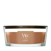 Candela WoodWick Radiant Amber Ellipse in vaso di vetro con coperchio in legno.
