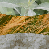 Collage con salvia argentata, spighe dorate e cristalli di sale che richiamano la profumazione della candela.