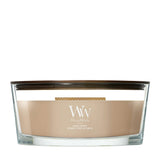 Candela WoodWick Santal Myrrh Ellipse in vaso di vetro con coperchio in legno.