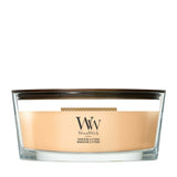 Candela WoodWick Tangerine & Citron ellipse in vaso di vetro con coperchio in legno.