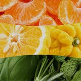 Collage con spicchi di mandarino, limone cedrato e foglie verdi aromatiche che richiamano la profumazione della candela.