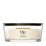 Candela WoodWick Vanilla & Sea Salt Ellipse in vaso di vetro con coperchio in legno.
