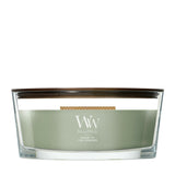 Candela WoodWick Verdant Fig ellipse in vaso di vetro con coperchio in legno.