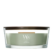Candela WoodWick Verdant Fig ellipse in vaso di vetro con coperchio in legno.