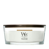 Candela WoodWick White Tea & Jasmine Ellipse in vaso di vetro con coperchio in legno.