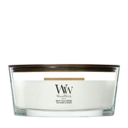 Candela WoodWick White Tea & Jasmine Ellipse in vaso di vetro con coperchio in legno.