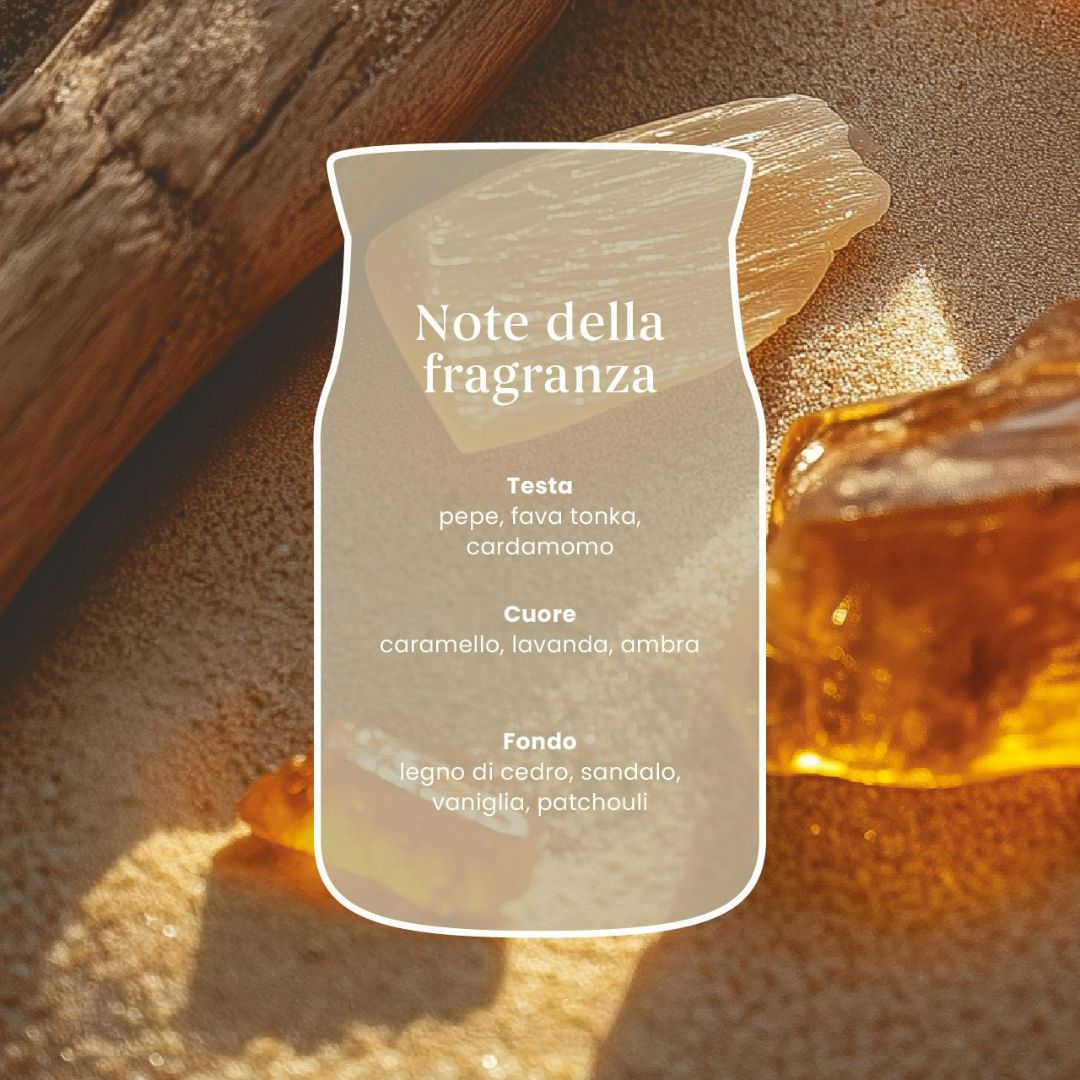Scheda note della fragranza Amber & Sandalwood con ambra, legni caldi e vaniglia.