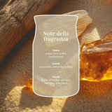 Scheda note della fragranza Amber & Sandalwood con ambra, legni caldi e vaniglia.