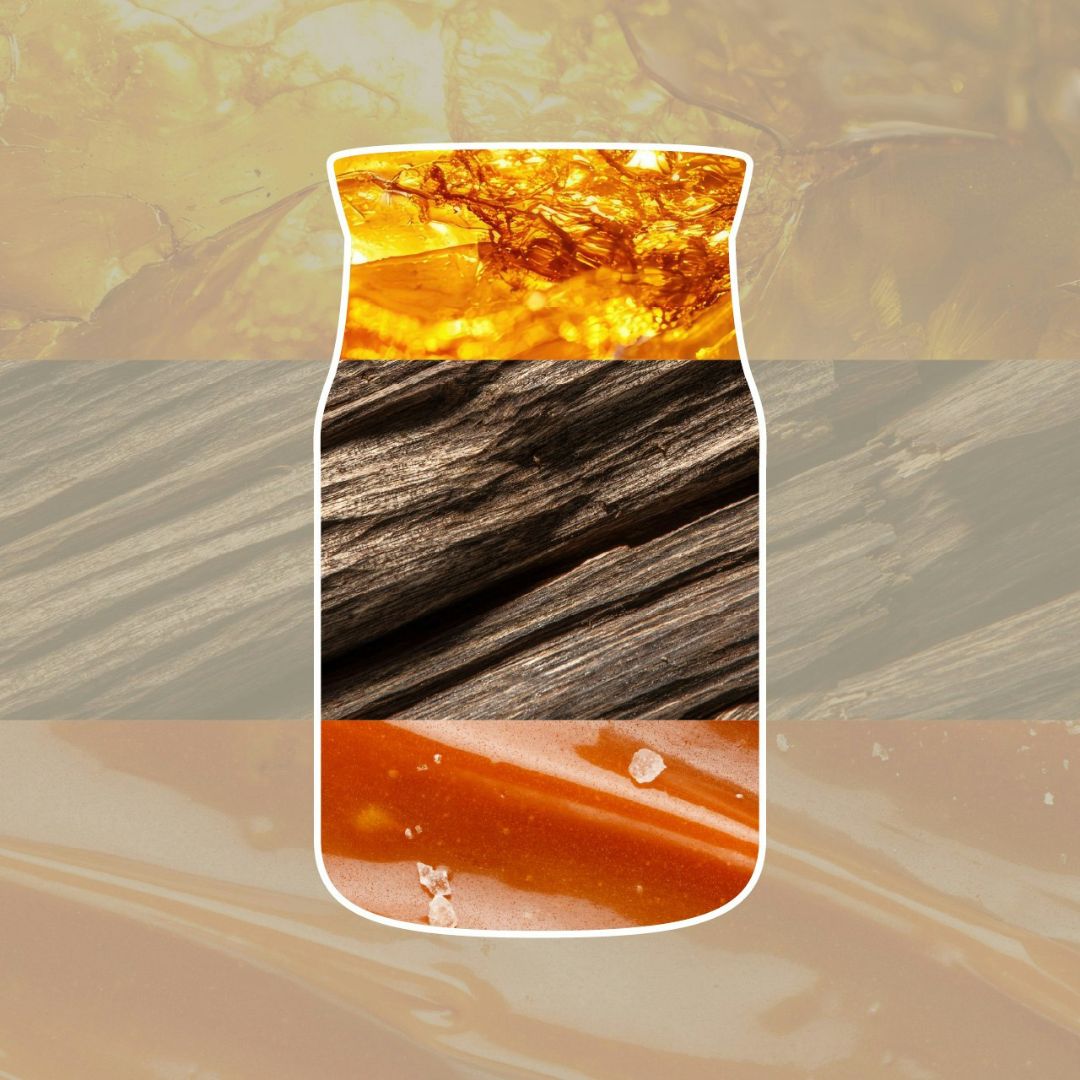 Collage con ambra dorata, legno di sandalo e caramello ambrato che richiama la profumazione della candela.