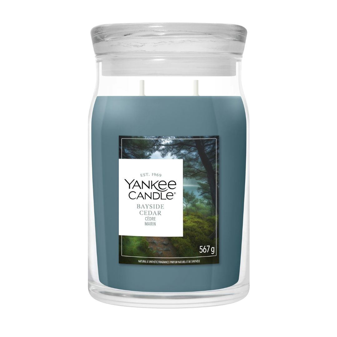Candela Yankee Candle Bayside Cedar grande in giara di vetro.