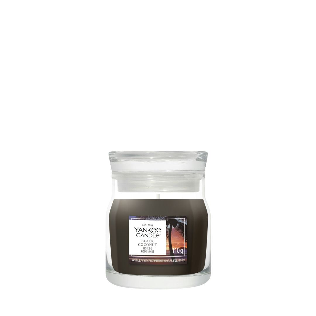 Candela Yankee Candle Black Coconut piccola in giara di vetro.