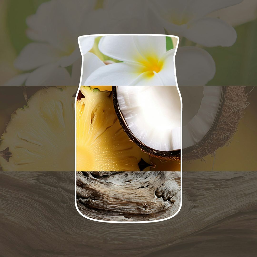 Collage con fiori bianchi tropicali, ananas e cocco su legno levigato che richiama la profumazione della candela.