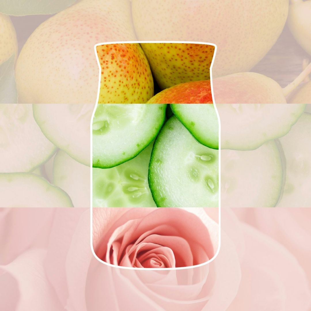Collage con pera, cetriolo e rosa rosa che richiama la profumazione della candela.