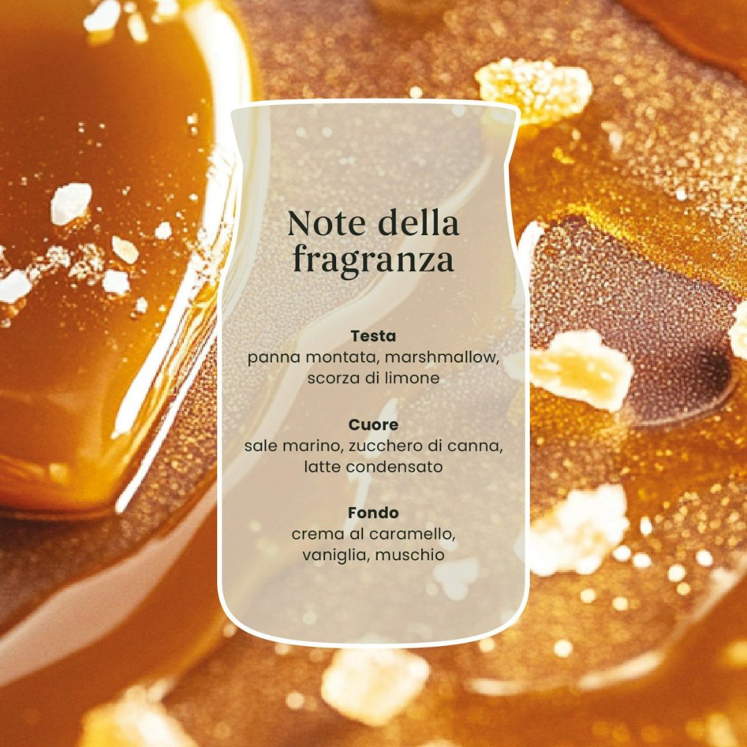 Scheda note della fragranza Caramel Kiss con panna montata, sale marino e crema al caramello.